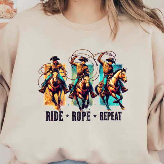 A vibrant illustration of a cowboy on horseback, showcasing the motto "Ride, Rope, Repeat" with dynamic action poses. heat press transfers