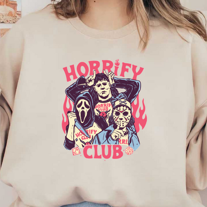 A vibrant graphic featuring iconic horror characters, grouped under the "Horrify Club" banner, with a playful design and flames.dtf regular iron