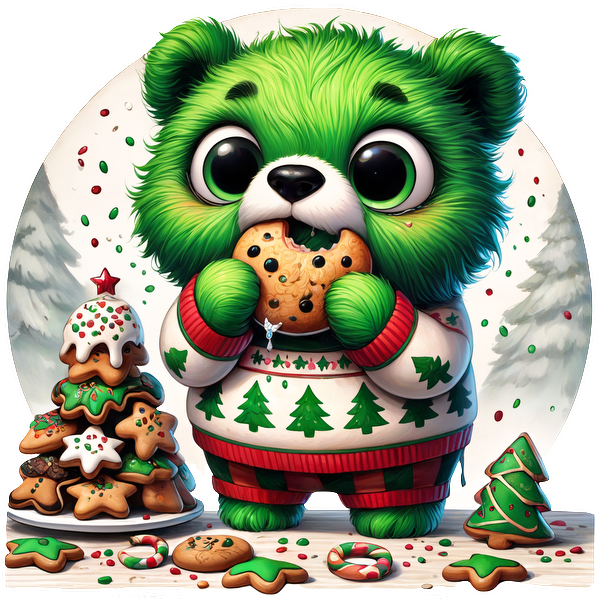 A cute green bear in a festive sweater enjoys a cookie surrounded by decorated Christmas cookies and treats.DTF Transfers dtf transfers