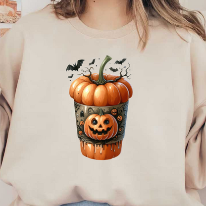 Una caprichosa maceta de Halloween con una calabaza tallada, rematada con una calabaza más grande y adornada con murciélagos y diseños espeluznantes.