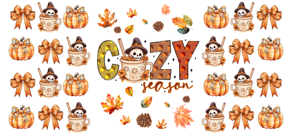 A whimsical autumn-themed design featuring cute skulls in mugs, pumpkins, and colorful leaves, embodying a cozy fall atmosphere.UV Transfers heat press transfers