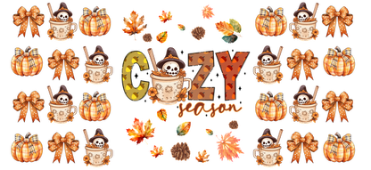 A whimsical autumn-themed design featuring cute skulls in mugs, pumpkins, and colorful leaves, embodying a cozy fall atmosphere.UV Transfers heat press transfers