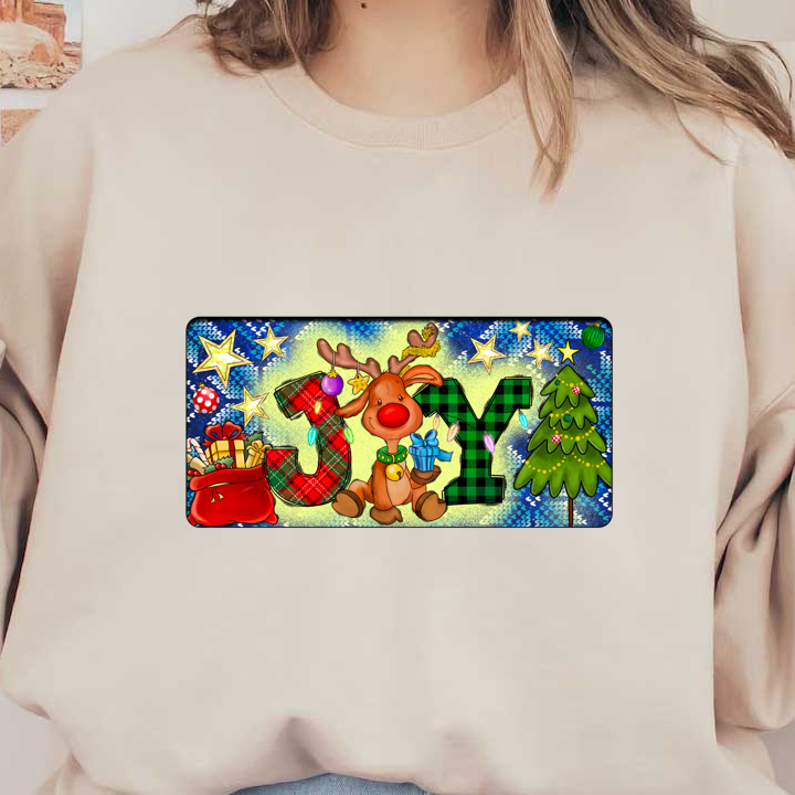 A cheerful holiday scene featuring a cute reindeer, colorful letters spelling "JOY," gifts, and a decorated Christmas tree.DTF Transfers dtf prints