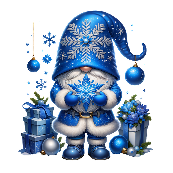 A cheerful blue gnome holds a snowflake, surrounded by festive ornaments and presents, capturing a whimsical winter spirit.DTF Transfers heat press transfers