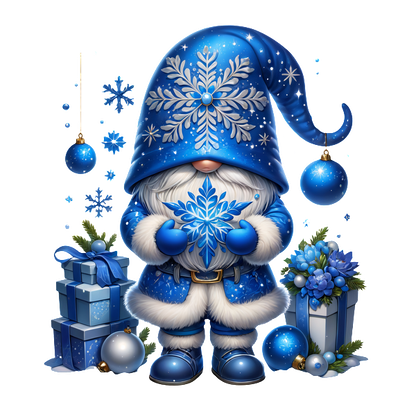 A cheerful blue gnome holds a snowflake, surrounded by festive ornaments and presents, capturing a whimsical winter spirit.DTF Transfers heat press transfers