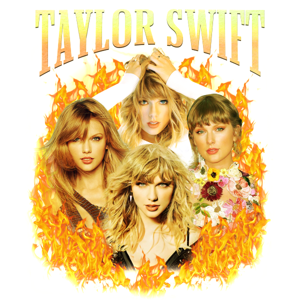 A vibrant collage of Taylor Swift featuring four different looks surrounded by a fiery backdrop, showcasing her captivating style.DTF Transfersdtf regular iron