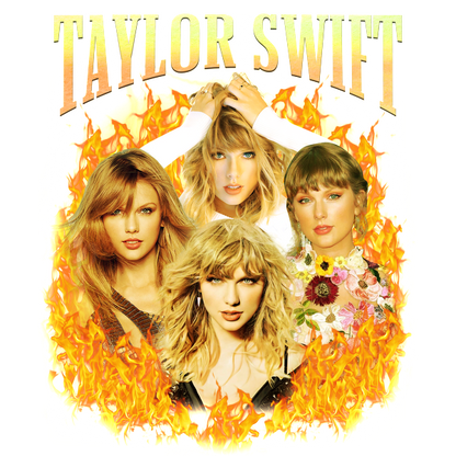 A vibrant collage of Taylor Swift featuring four different looks surrounded by a fiery backdrop, showcasing her captivating style.DTF Transfersdtf regular iron