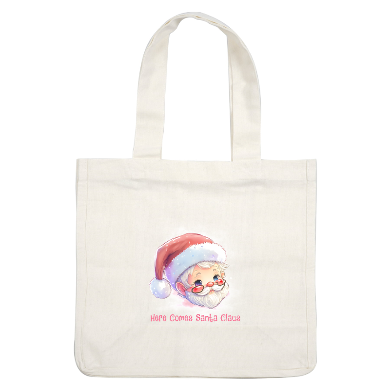 Adorable cartoon Santa Claus with rosy cheeks, glasses, and a festive hat, accompanied by the cheerful phrase "Here Comes Santa Claus."dtf regular iron