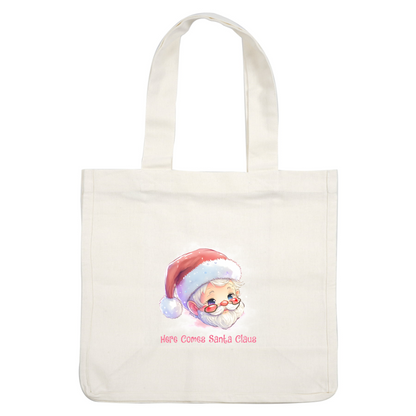 Adorable cartoon Santa Claus with rosy cheeks, glasses, and a festive hat, accompanied by the cheerful phrase "Here Comes Santa Claus."dtf regular iron