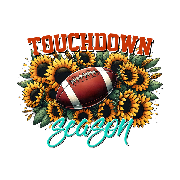Celebre la alegría del fútbol con este vibrante diseño "Touchdown Season" que presenta un balón de fútbol rodeado de brillantes girasoles.