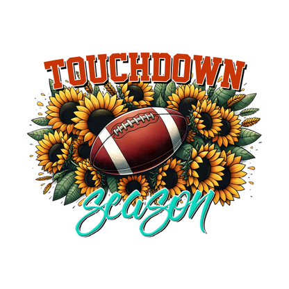Celebre la alegría del fútbol con este vibrante diseño "Touchdown Season" que presenta un balón de fútbol rodeado de brillantes girasoles.