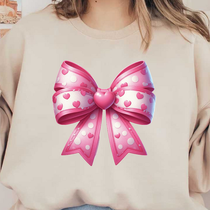 A charming pink bow featuring playful hearts and polka dots, topped with a heart-shaped center for a festive touch.DTF Transfers