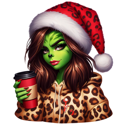 A festive character with green skin, wearing a red-patterned Santa hat and leopard print hoodie, holding a coffee cup.DTF Transfers dtf transfers