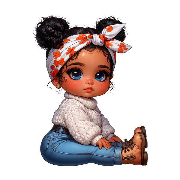 Adorable illustration of a young girl in a cozy white sweater and blue jeans, accessorized with a floral headband and stylish boots.dtf regular iron