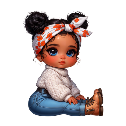 Adorable illustration of a young girl in a cozy white sweater and blue jeans, accessorized with a floral headband and stylish boots.dtf regular iron