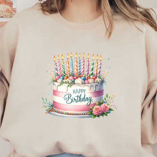 A beautifully decorated birthday cake adorned with colorful candles, playful toppings, and a cheerful "Happy Birthday" message.DTF Transfers
