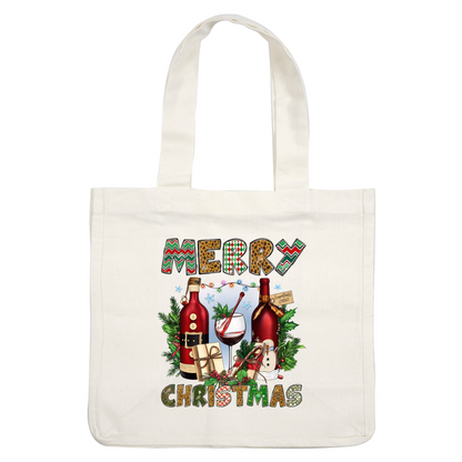 Festively decorated for the holidays, this image features two bottles of wine, a glass, gifts, and vibrant "Merry Christmas" lettering. dtf prints