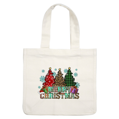 Celebrate the festive season with this vibrant "Merry Christmas" design featuring colorful trees, snowflakes, and wrapped gifts!DTF Transfers heat press transfersdtf regular iron