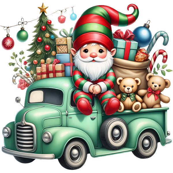 A festive green truck is filled with colorful gifts, a Christmas tree, and a cheerful elf holding teddy bears.DTF Transfers heat press transfers