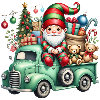 A festive green truck is filled with colorful gifts, a Christmas tree, and a cheerful elf holding teddy bears.DTF Transfers heat press transfers