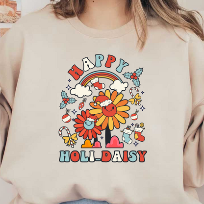 Celebrate with vibrant illustrations of cheerful flowers, a rainbow, and festive elements, all featuring a joyful "Happy Holi-Daisy" theme! dtf prints