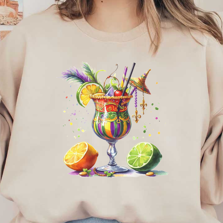 A vibrant, decorative cocktail garnished with fruit, colorful straws, and a festive umbrella, accompanied by sliced citrus fruits.DTF Transfers