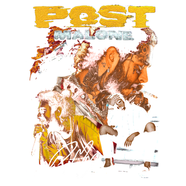 Un gráfico vibrante que presenta a Post Malone con colores llamativos, que muestra su estilo único y su talento artístico, completo con su firma. Transferencias DTF