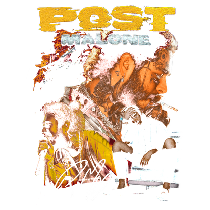 Un gráfico vibrante que presenta a Post Malone con colores llamativos, que muestra su estilo único y su talento artístico, completo con su firma. Transferencias DTF