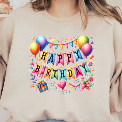 Celebrate in style with this vibrant birthday banner featuring colorful letters, balloons, and festive decorations!DTF Transfers
