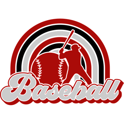 A vibrant baseball-themed logo featuring a batter, a baseball, and bold, stylized text in red and white.DTF Transfers heat press transfers