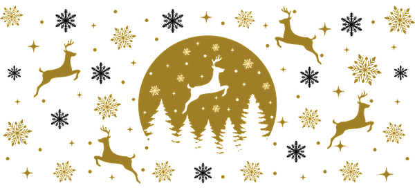 A whimsical gold and black design featuring leaping reindeer, snowflakes, and a full moon surrounded by evergreen trees.UV Transfers dtf prints dtf prints