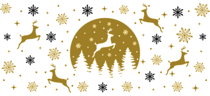 A whimsical gold and black design featuring leaping reindeer, snowflakes, and a full moon surrounded by evergreen trees.UV Transfers dtf prints dtf prints