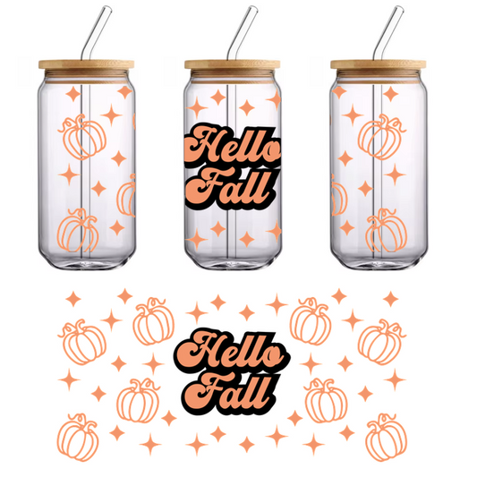 Charming autumn-themed graphic featuring "Hello Fall" text surrounded by illustrated pumpkins and sparkling stars in warm hues.UV Transfersdtf regular iron