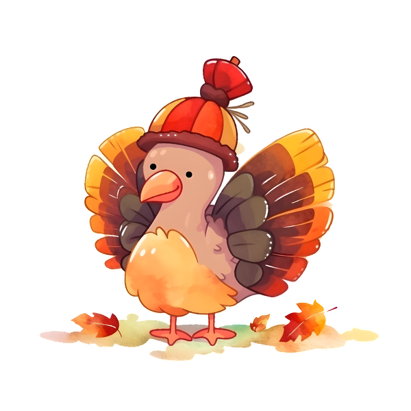 A cute cartoon turkey wearing a colorful hat, surrounded by vibrant autumn leaves, radiating playful charm. heat press transfers