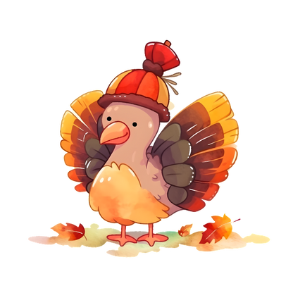 A cute cartoon turkey wearing a colorful hat, surrounded by vibrant autumn leaves, radiating playful charm. heat press transfers