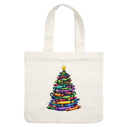 A vibrant holiday tree made of colorful crayon-like shapes, twinkling lights, and topped with a cheerful star.DTF Transfers