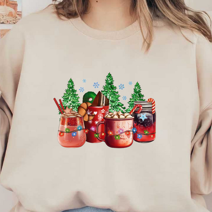 A festive collection of colorful holiday drinks featuring marshmallows, candy canes, and decorative elements, surrounded by snowflakes and trees. dtf transfers