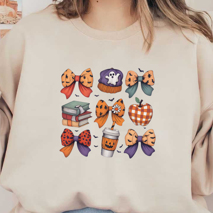 Una linda colección de artículos con temática de Halloween que incluye lazos vibrantes, un sombrero de fantasma, libros, una bebida de calabaza y una manzana.