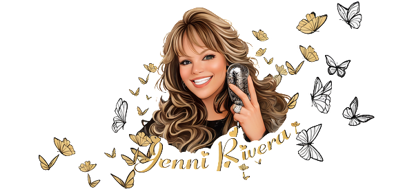 A vibrant illustrated portrait of a smiling woman with stylish hair and butterflies, featuring the name "Jenni Rivera" prominently.UV Transfers heat press transfers