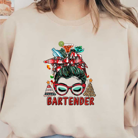 A festive bartender graphic featuring a stylish bun, vibrant drinks, and holiday elements, perfect for celebrating the season!dtf regular iron