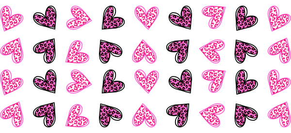 A vibrant pattern featuring pink hearts with leopard print accents against a black background, perfect for adding a playful touch.UV Transfers heat press transfers