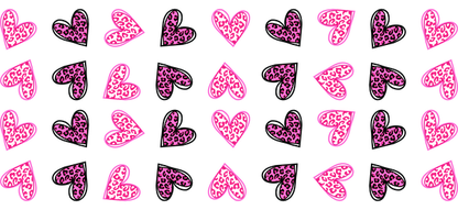 A vibrant pattern featuring pink hearts with leopard print accents against a black background, perfect for adding a playful touch.UV Transfers heat press transfers