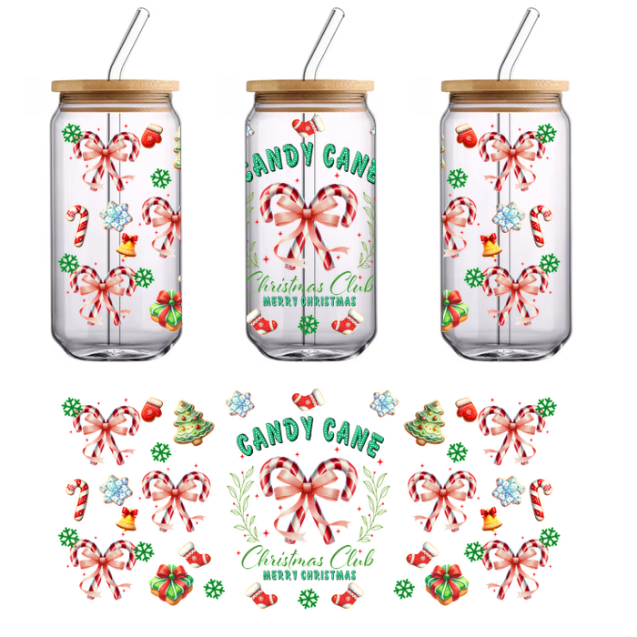 A festive Christmas design featuring candy canes, bows, Christmas trees, and gifts with a joyful "Merry Christmas" message.UV Transfers dtf transfers