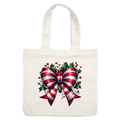 A festive red and white striped bow adorned with holly leaves and berries, perfect for holiday decorations. dtf prints