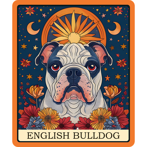 Una ilustración vibrante de un bulldog inglés rodeado de flores coloridas y motivos celestiales, que muestra estilo y encanto artístico.