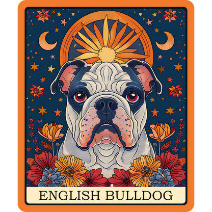 Una ilustración vibrante de un bulldog inglés rodeado de flores coloridas y motivos celestiales, que muestra estilo y encanto artístico.