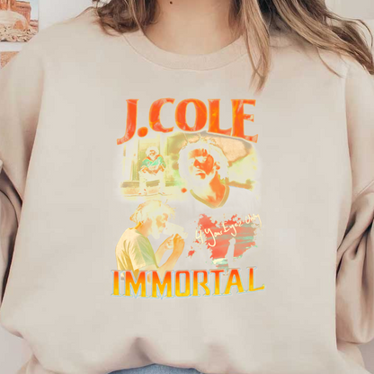 Un gráfico vibrante que presenta a J. Cole, resaltado con el título "IMMORTAL", que muestra una combinación artística de imágenes y colores. Transferencias DTF