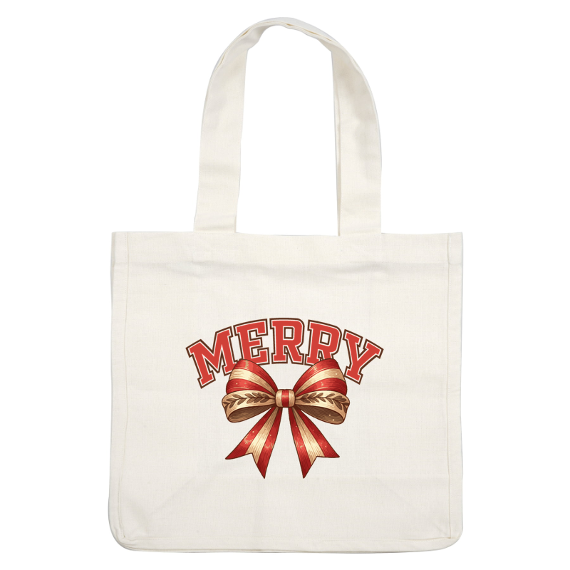 Un diseño festivo que presenta la palabra "MERRY" en letras rojas en negrita sobre un lazo de cinta retorcida decorativa de color rojo y crema.