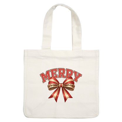 Un diseño festivo que presenta la palabra "MERRY" en letras rojas en negrita sobre un lazo de cinta retorcida decorativa de color rojo y crema.