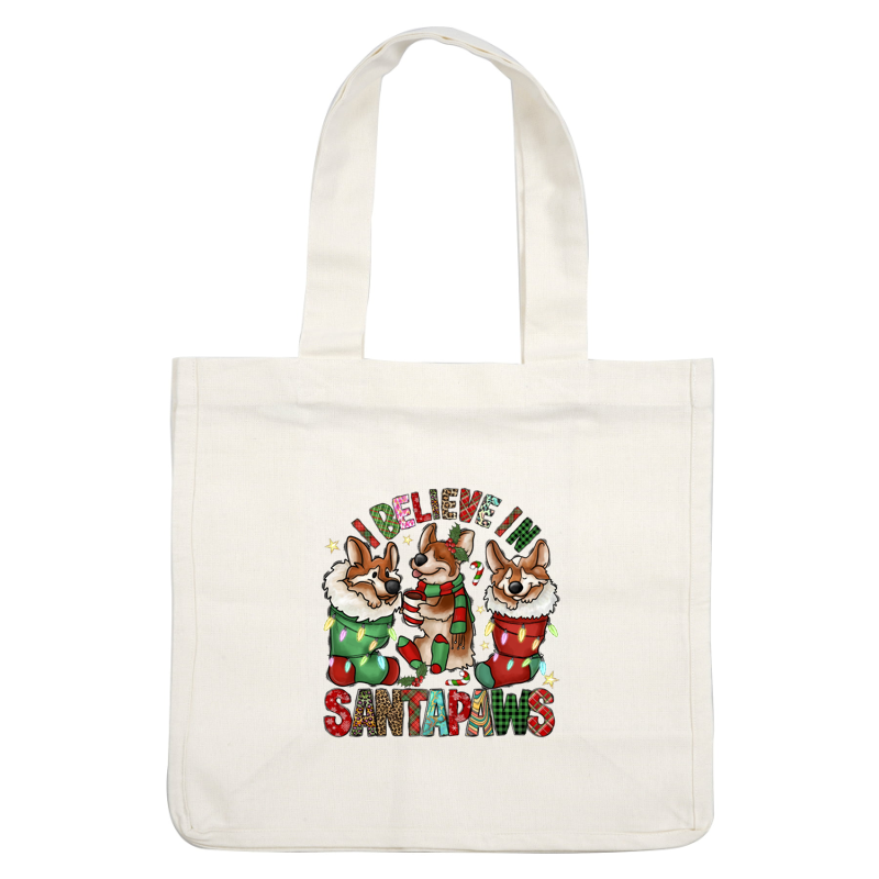 This festive design features three cheerful corgis in holiday attire, celebrating with the playful phrase "I Believe in Santapaws."DTF Transfersdtf regular iron